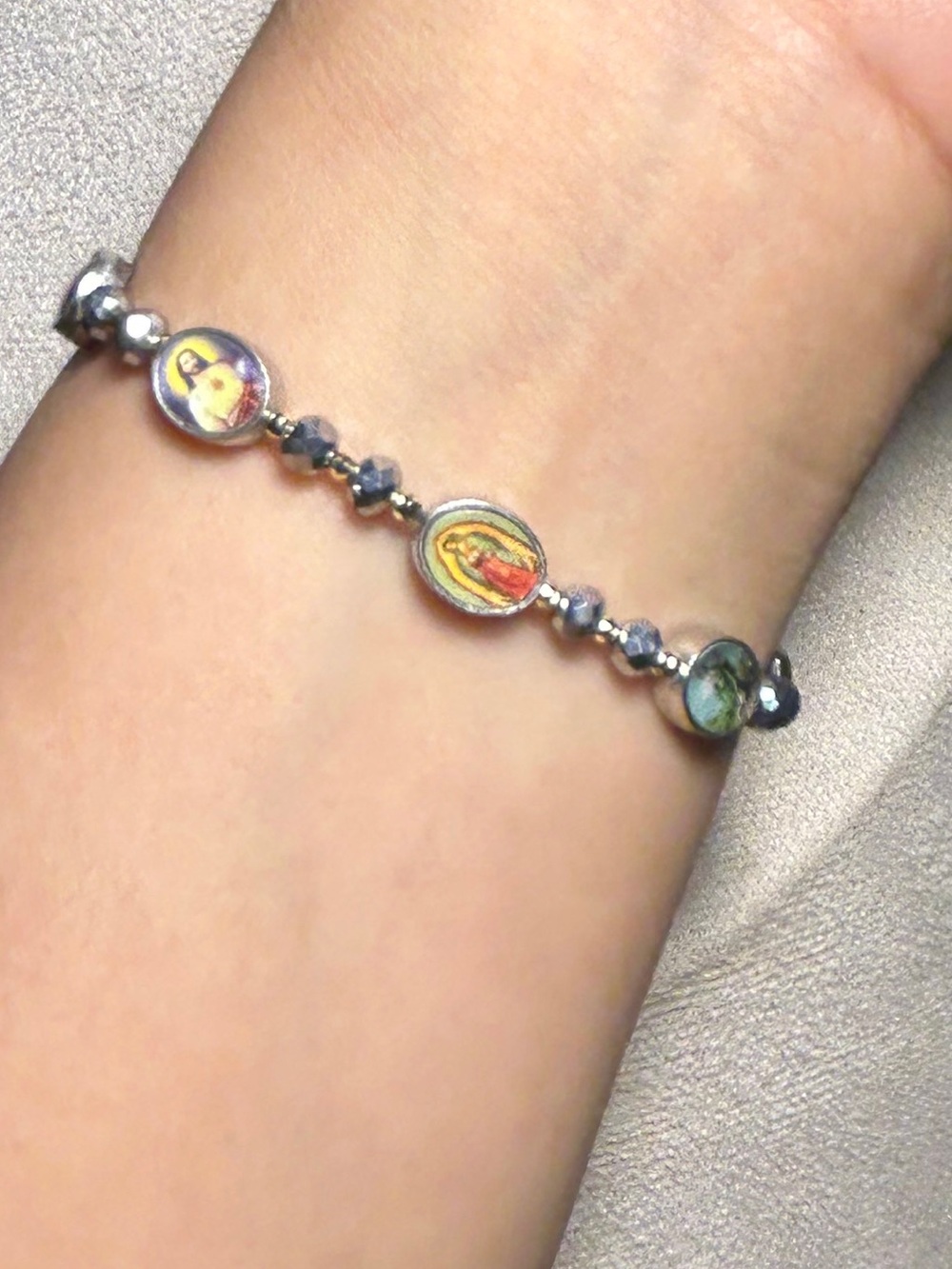Religious Medal Beaded Bracelet in Silver